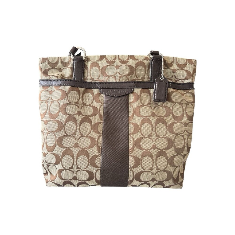 Coach Signature Stripe Canvas Tote Bag Khaki Brown Leather Trim F28504 Purse